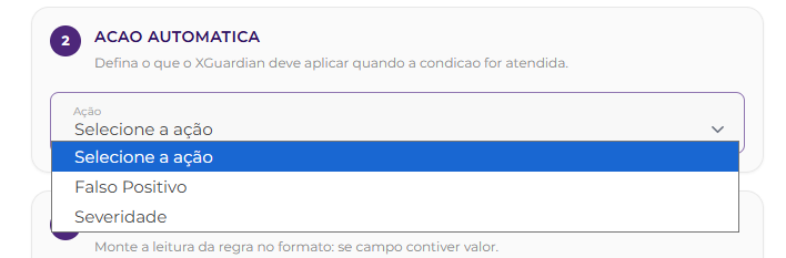 Modal Criar regra condicional com seleção de ação automática