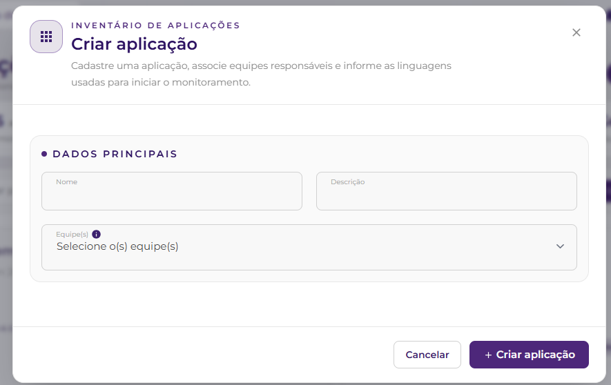 Modal Criar aplicação com campos de nome, descrição e equipes