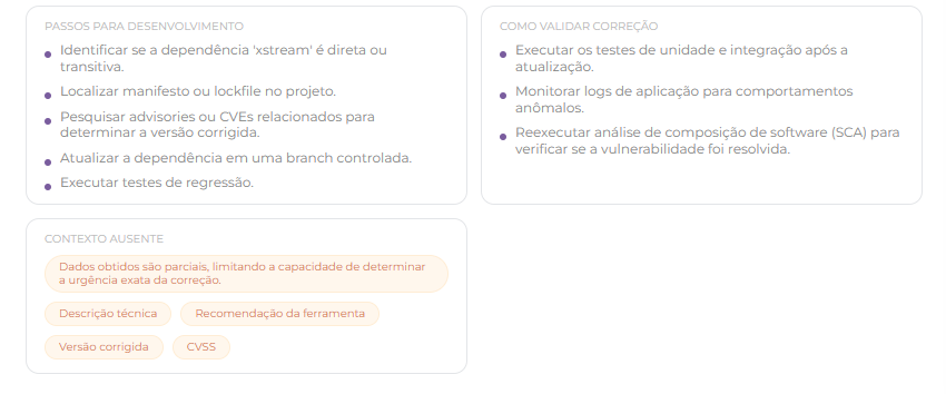 Continuação da Análise Assistida com IA com passos para desenvolvimento e validação de correção