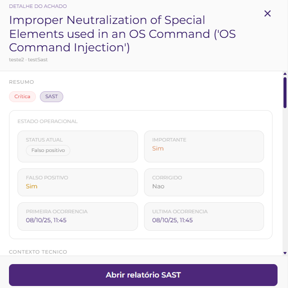 Painel de detalhe do achado com resumo, status operacional e botão Abrir relatório SAST
