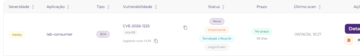 Achado de ingestão externa exibido na lista consolidada com marcador Sonatype Lifecycle