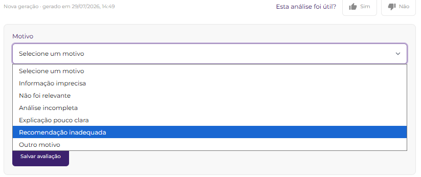 Lista de motivos para avaliar uma Análise Assistida com IA como não útil