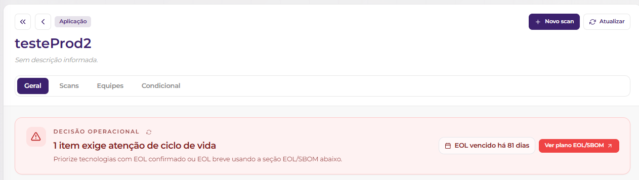 Aplicação com decisão operacional de EOL e botão Ver plano EOL/SBOM