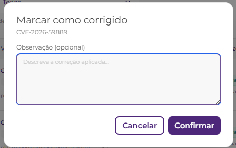 Modal para informar observação ao marcar achado como corrigido