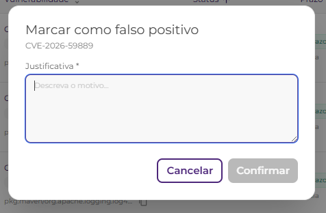 Modal para justificar marcação de falso positivo