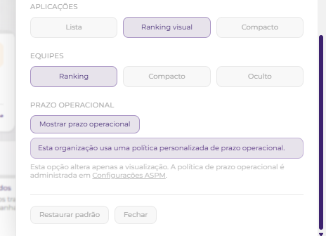 Preferências de aplicações, equipes e prazo operacional na personalização ASPM