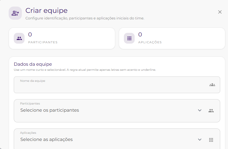 Modal Criar equipe com campos de nome, participantes e aplicações