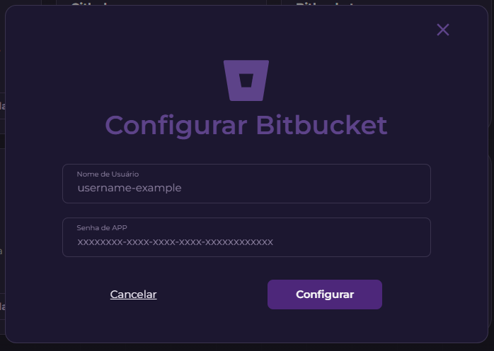 Modal Configurar Bitbucket no XGuardian