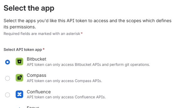 Selecao do aplicativo Bitbucket para o token de API