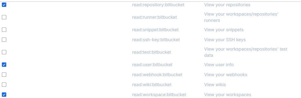 Selecao de escopos de leitura do Bitbucket