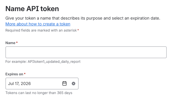 Tela Name API token com nome e validade