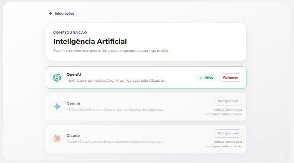 Tela de integração de Inteligência Artificial com OpenAI ativo e Gemini e Claude indisponíveis