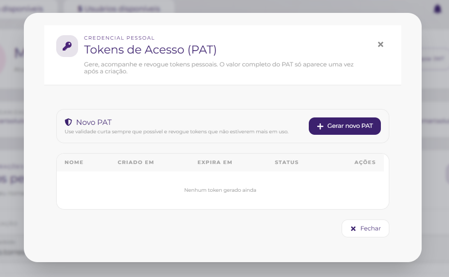 Modal Tokens de Acesso PAT com botão Gerar novo PAT