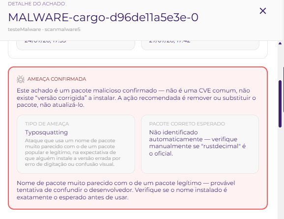 Detalhe do achado exibindo ameaça confirmada e tipo de ameaça