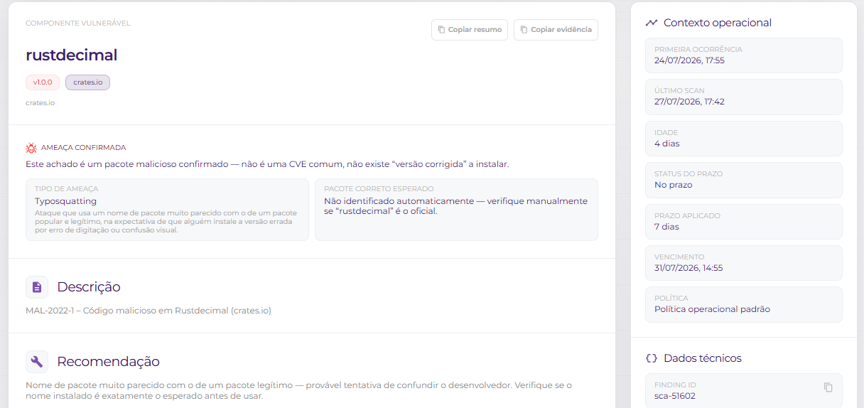 Relatório SCA com ameaça confirmada, descrição, recomendação e contexto operacional
