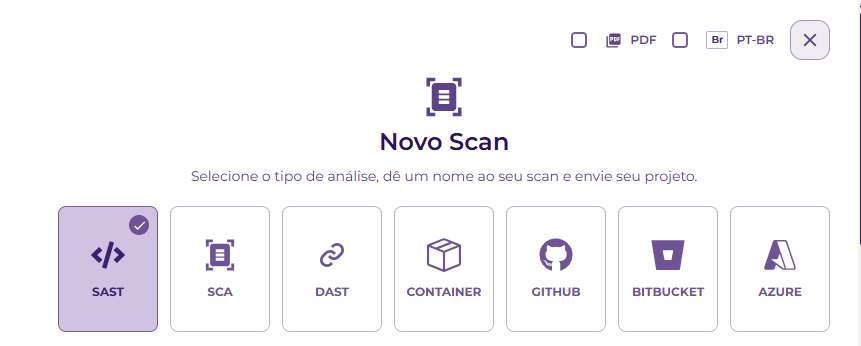 Tela Novo Scan com tipos SAST, SCA, DAST, Container, GitHub, Bitbucket e Azure