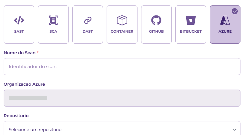 Configuração de scan via Azure com organização e repositório