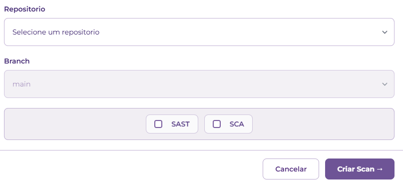 Configuração de scan via Azure com repositório, branch e tipos SAST/SCA
