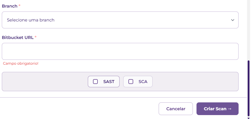 Configuração de scan via Bitbucket com branch, URL e tipos SAST/SCA