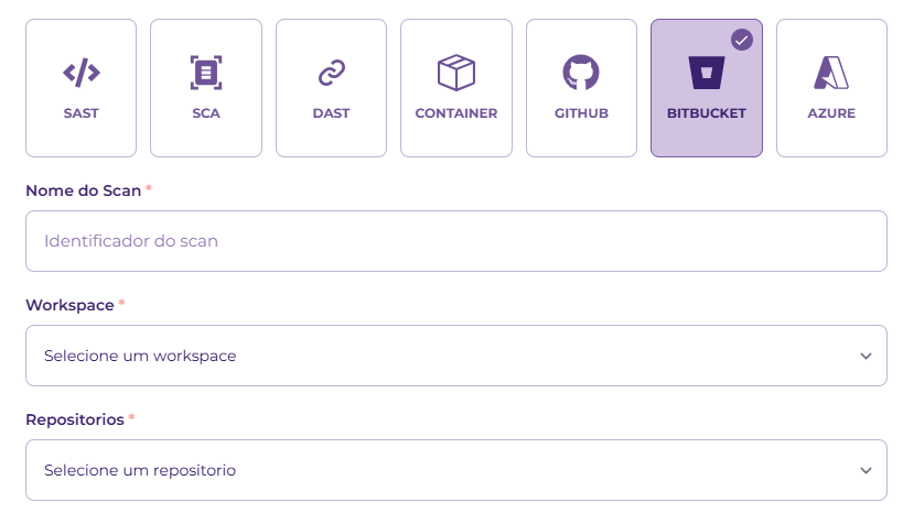 Configuração de scan via Bitbucket com workspace e repositório