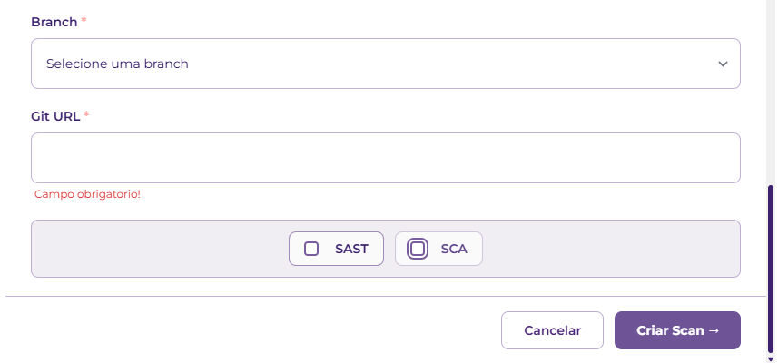 Configuração de scan via GitHub com branch, Git URL e tipos SAST/SCA