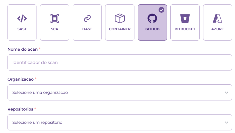 Configuração de scan via GitHub com organização e repositório