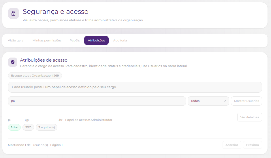 Tela Segurança e acesso na aba Atribuições