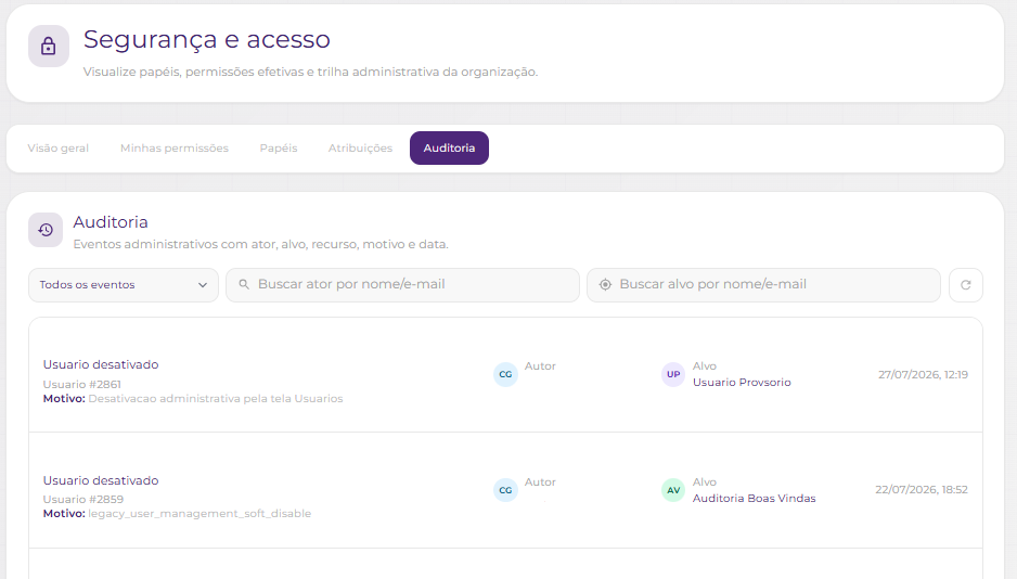 Tela Segurança e acesso na aba Auditoria