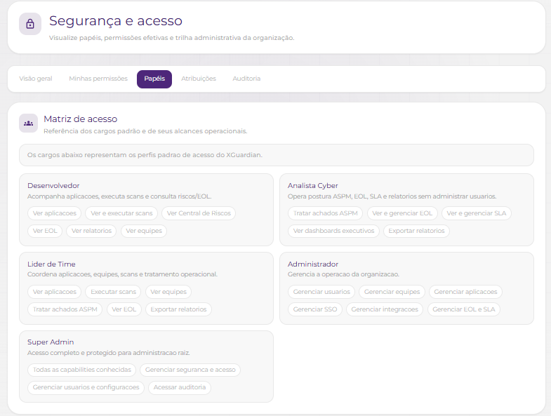 Tela Segurança e acesso na aba Papéis
