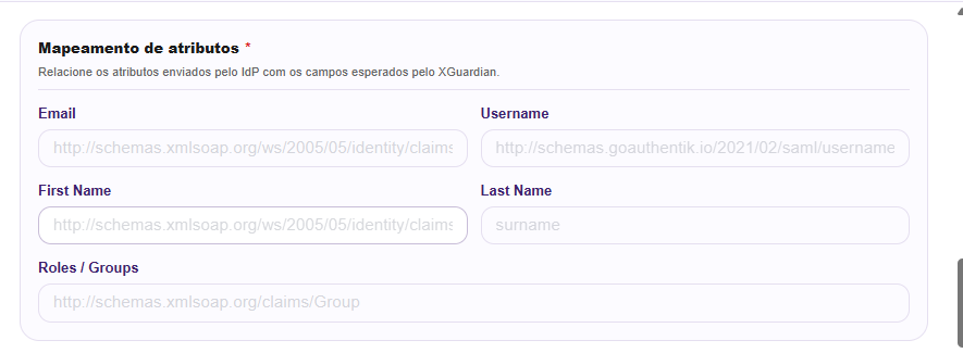 Mapeamento de atributos SAML