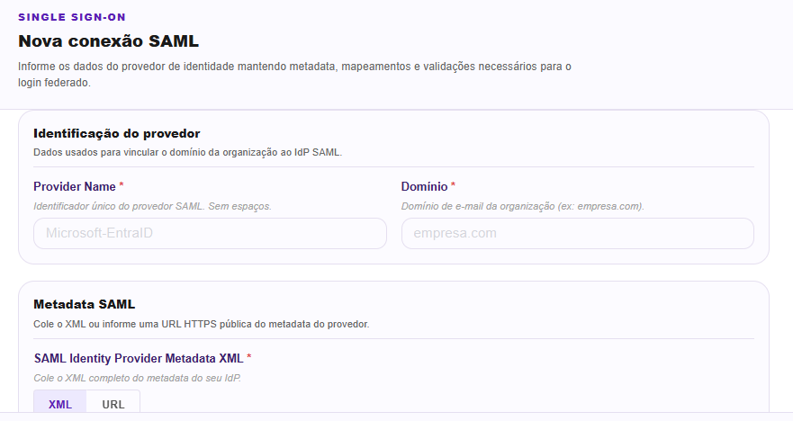 Formulário de nova conexão SAML com identificação do provedor e metadata