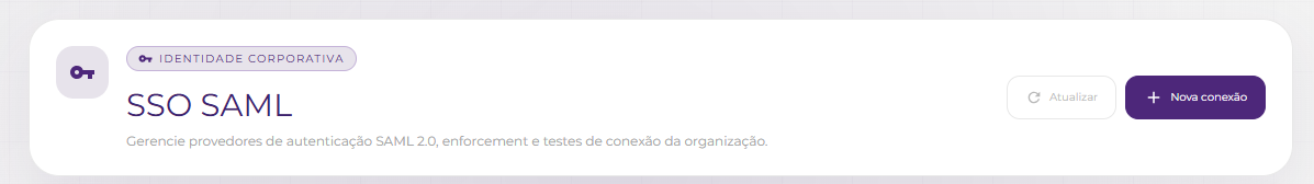 Tela SSO SAML com botão Nova conexão