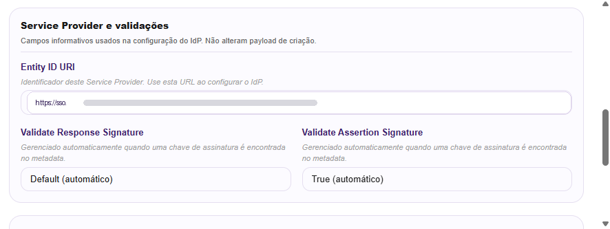 Campos de Service Provider e validações SAML